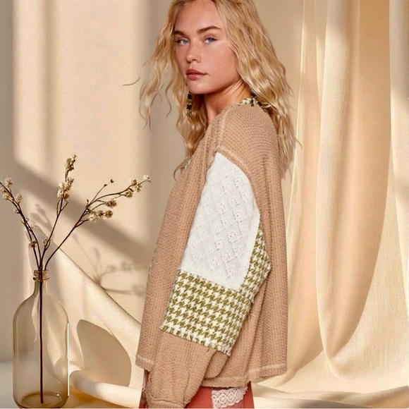 POL Houndstooth Sweater Two-Tone Knit Pullover with Pocket - Picture 3 of 7